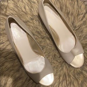 Gold Cole Hahn peep toe mules- never worn before